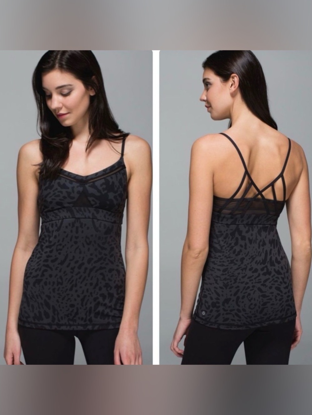 Lululemon Just Breathe Tank Top Sz 4 Animal Print Black Gray Crisscross Back